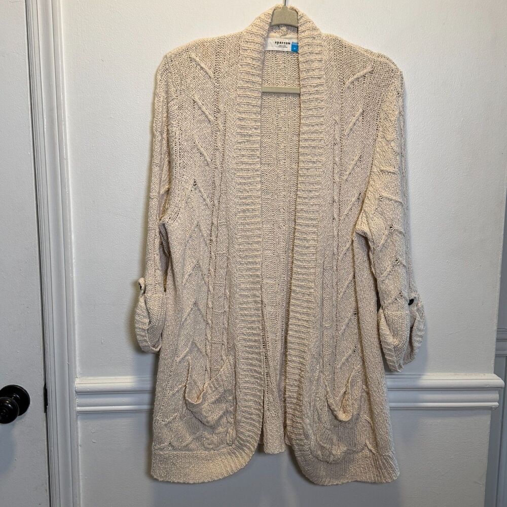 Sparrow Anthropologie Cream Cable Knit Open Cardigan Sweater Womens M